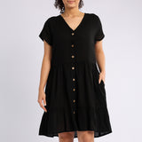 BLACK SHORT SLEEVE TIERD DRESS WITH BUTTON DETAIL
