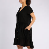 BLACK SHORT SLEEVE TIERD DRESS WITH BUTTON DETAIL