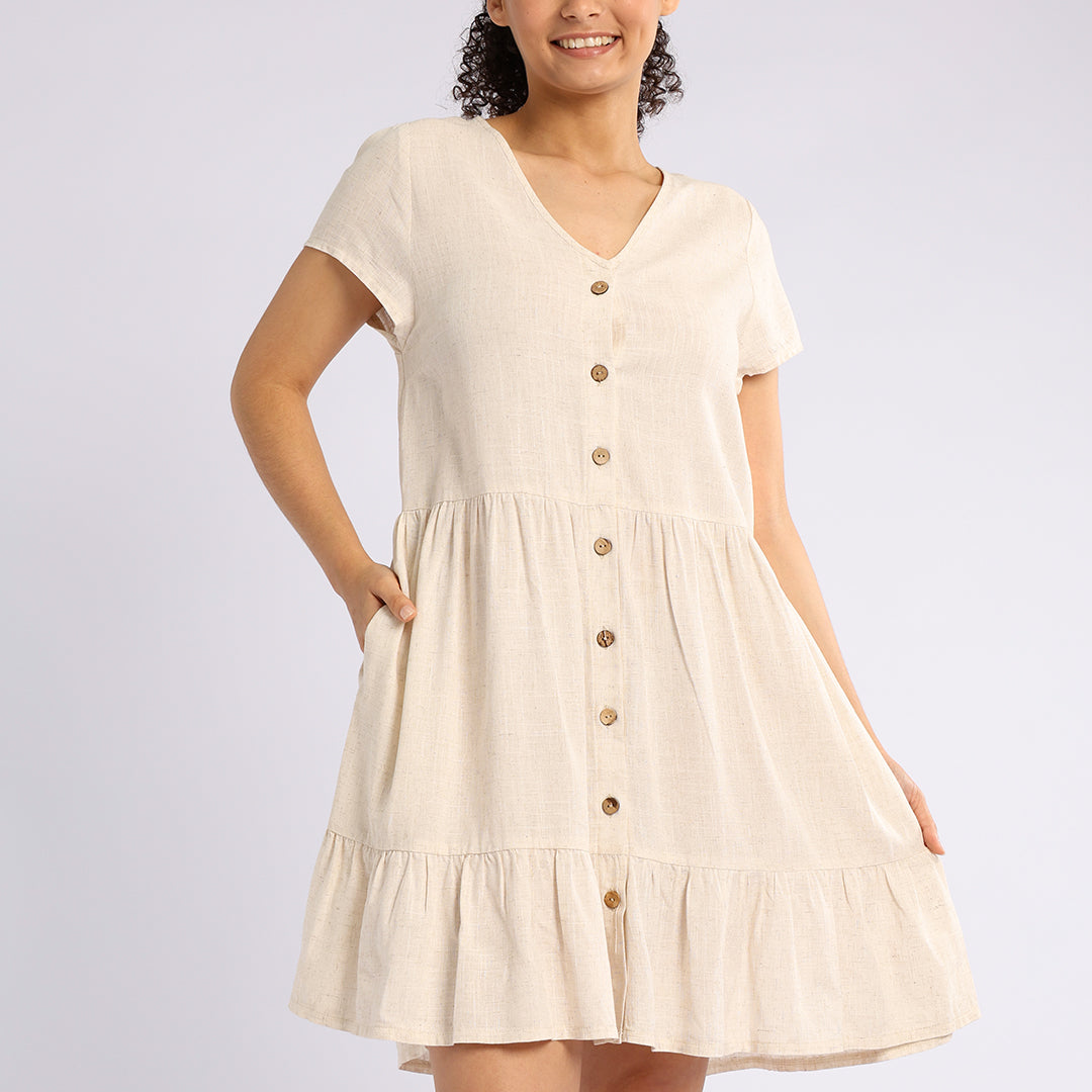 TIERED DRESS WITH BUTTON DETAIL
