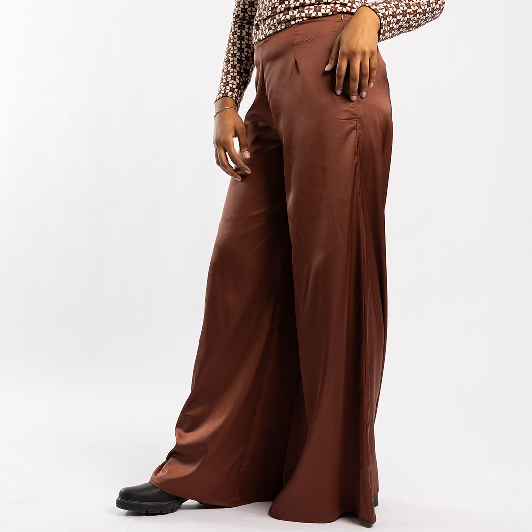 BROWN SATIN WIDE LEG PANT
