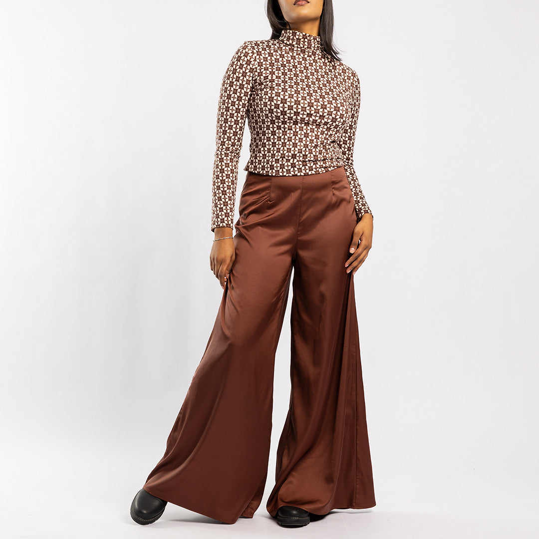 BROWN PRINTED LONG SLEEVE POLONECK