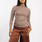 BROWN PRINTED LONG SLEEVE POLONECK