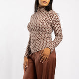 BROWN PRINTED LONG SLEEVE POLONECK