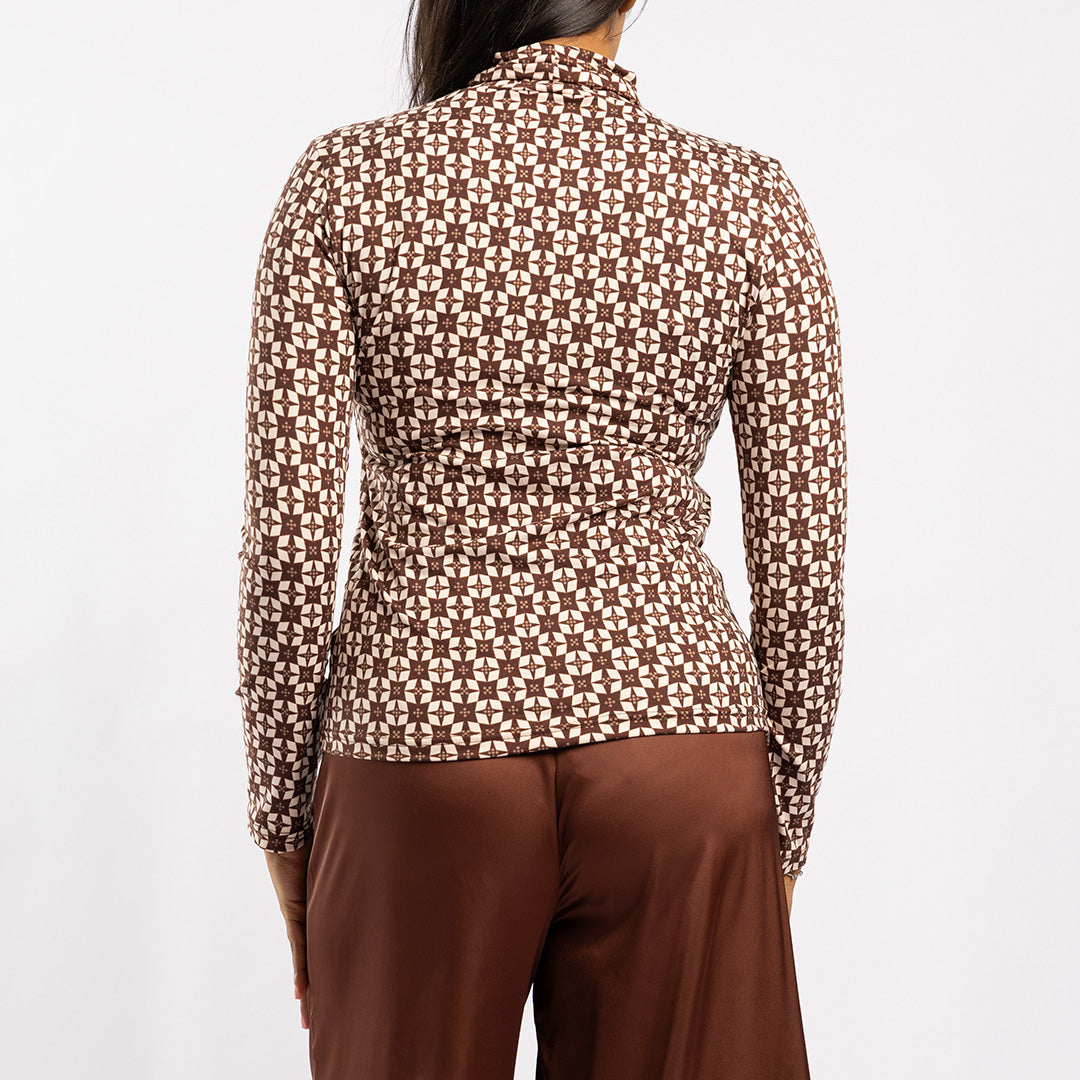 BROWN PRINTED LONG SLEEVE POLONECK