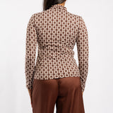 BROWN PRINTED LONG SLEEVE POLONECK
