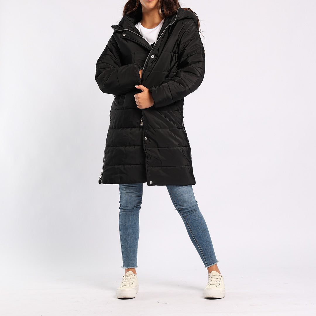 BLACK LONG SLEEVE LONG HOODED JACKET