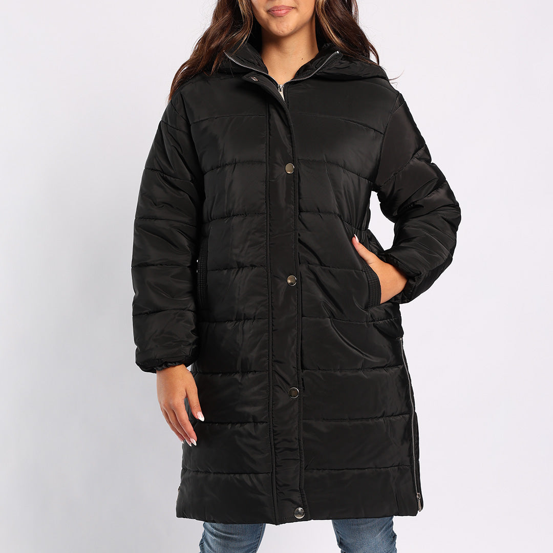 BLACK LONG SLEEVE LONG HOODED JACKET