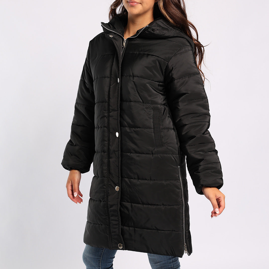BLACK LONG SLEEVE LONG HOODED JACKET
