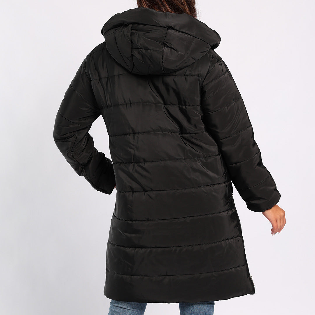 BLACK LONG SLEEVE LONG HOODED JACKET