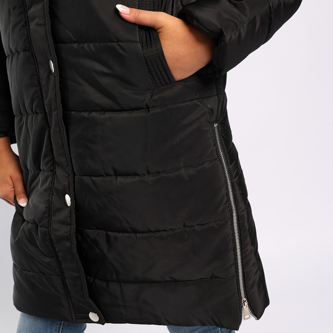 BLACK LONG SLEEVE LONG HOODED JACKET