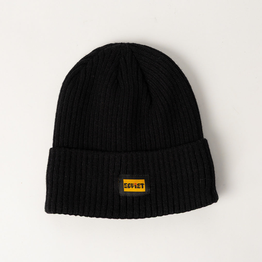 BLACK TURN UP RIBBED BEANIE