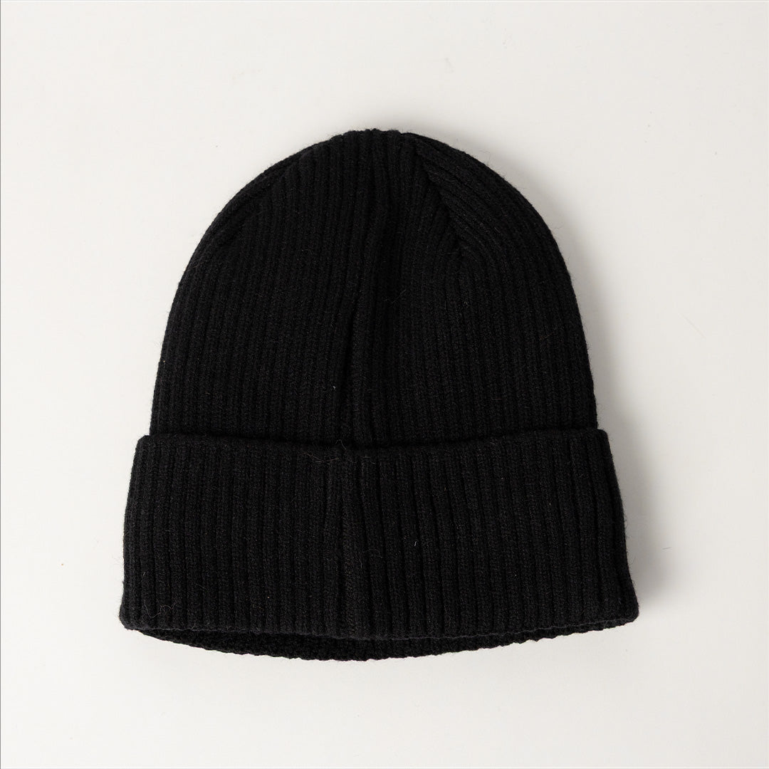 BLACK TURN UP RIBBED BEANIE