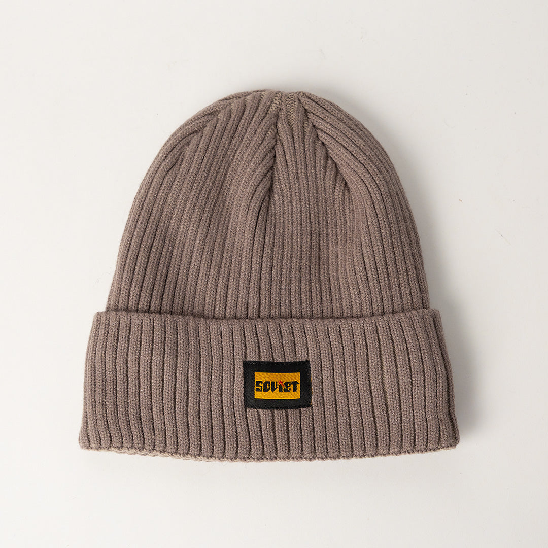 TAUPE TURN UP RIBBED BEANIE (LINED INNER)