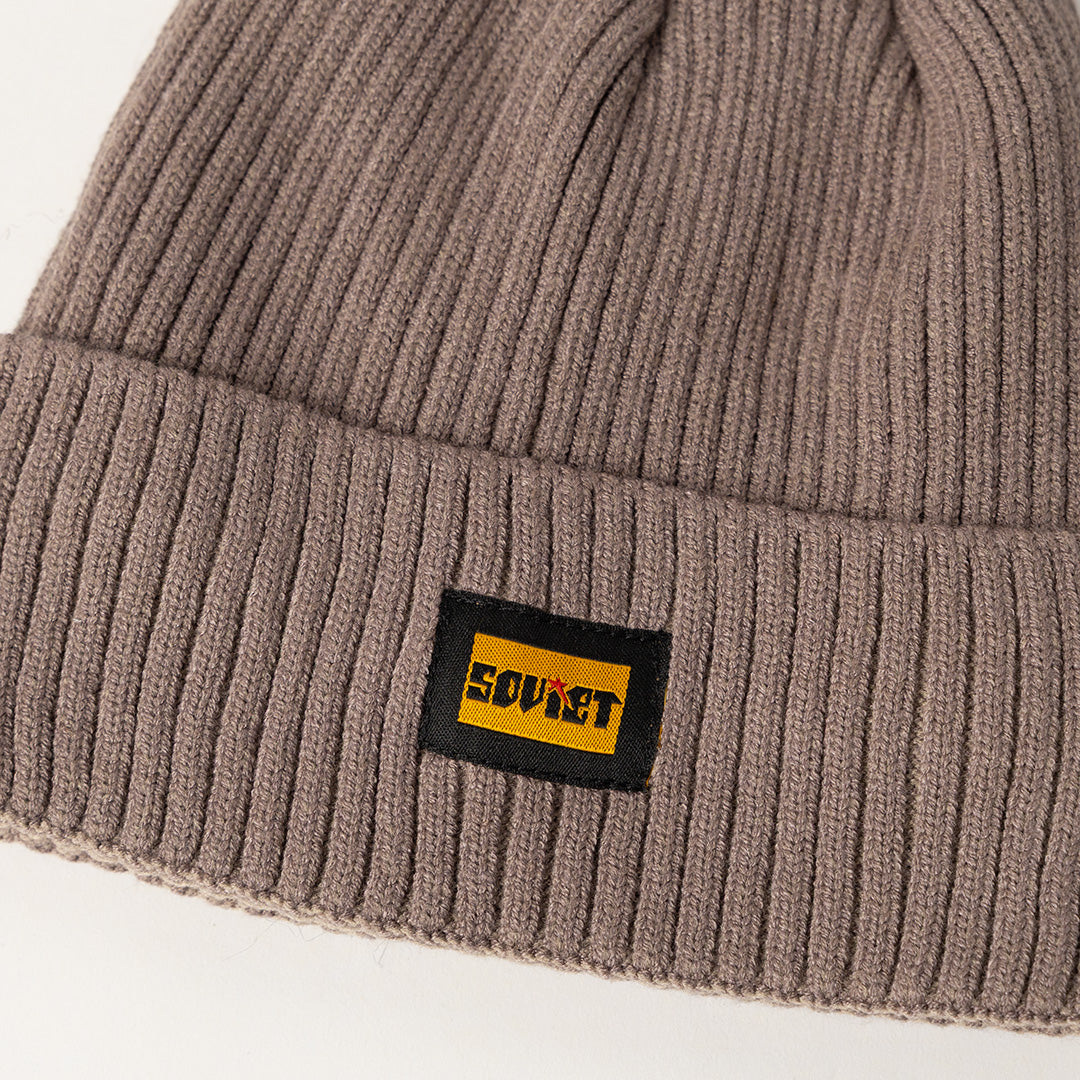 TAUPE TURN UP RIBBED BEANIE (LINED INNER)