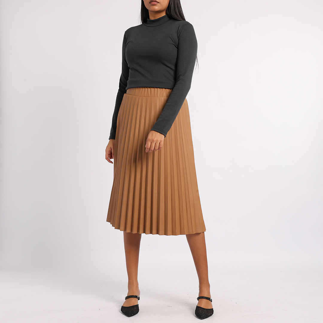 BROWN PU PLEATED SKIRT