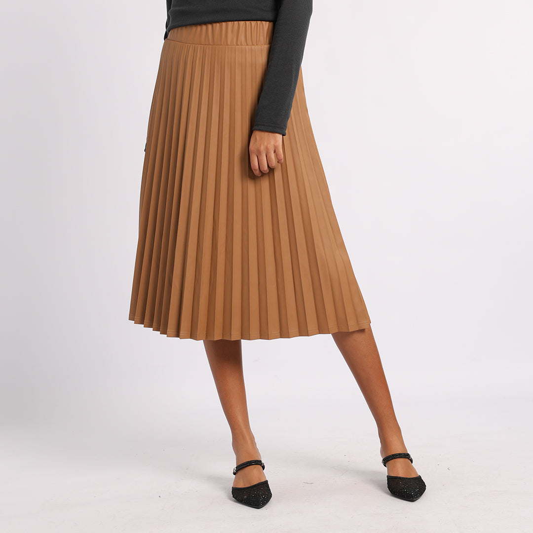 BROWN PU PLEATED SKIRT