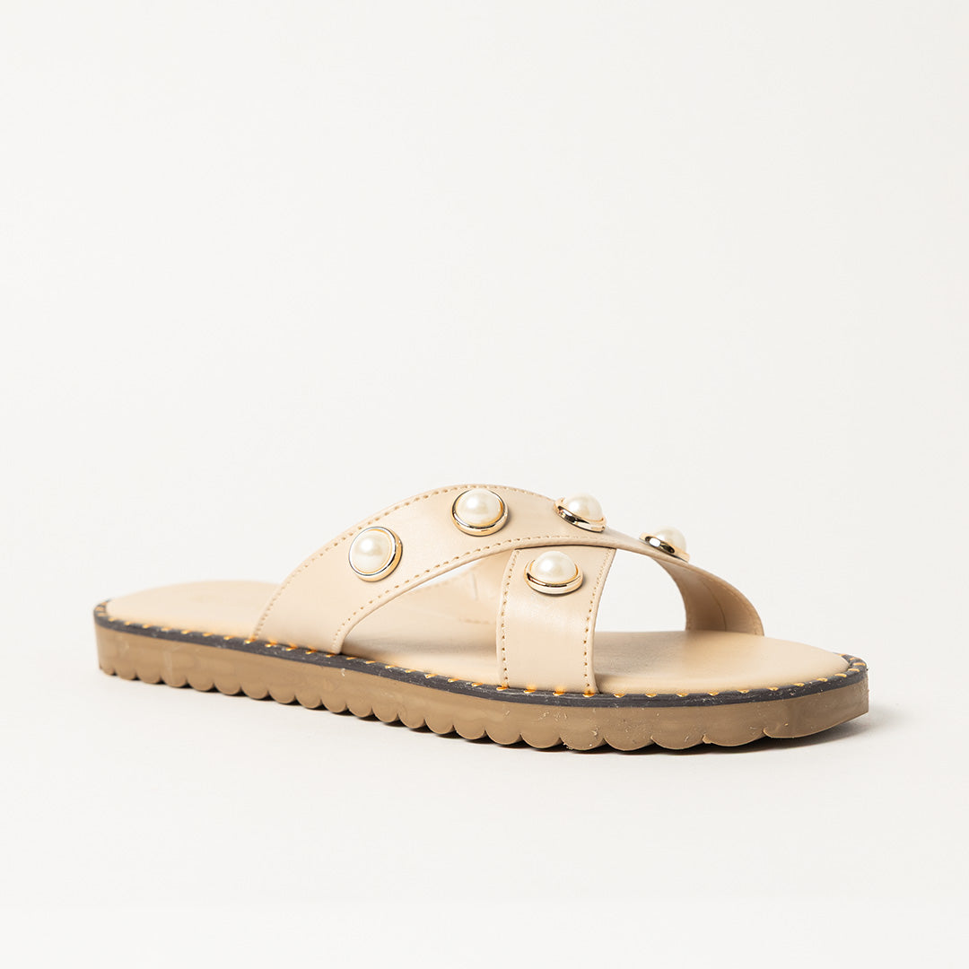 LADIES CIARRA ECRU CROSSOVER PEARL SANDAL