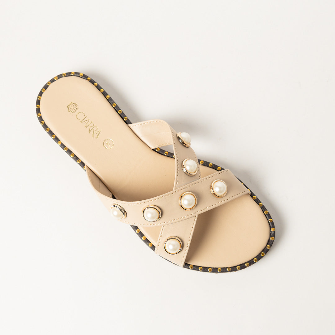 LADIES CIARRA ECRU CROSSOVER PEARL SANDAL