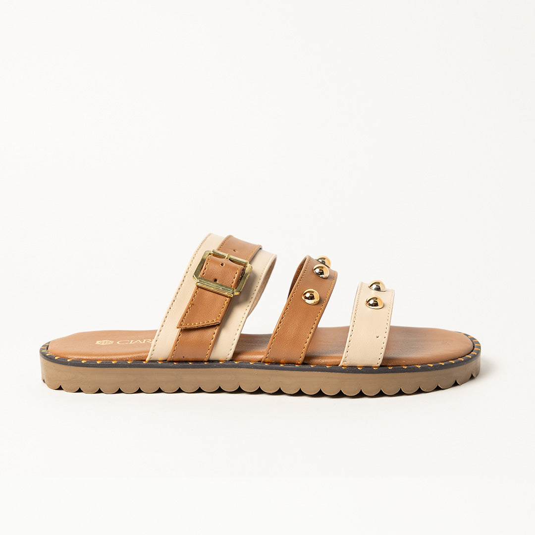 LADIES CIARRA TAN &amp; ECRU TRIPLE STRAP PUSH IN SANDAL