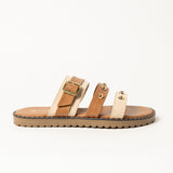 LADIES CIARRA TAN &amp; ECRU TRIPLE STRAP PUSH IN SANDAL