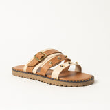 LADIES CIARRA TAN &amp; ECRU TRIPLE STRAP PUSH IN SANDAL