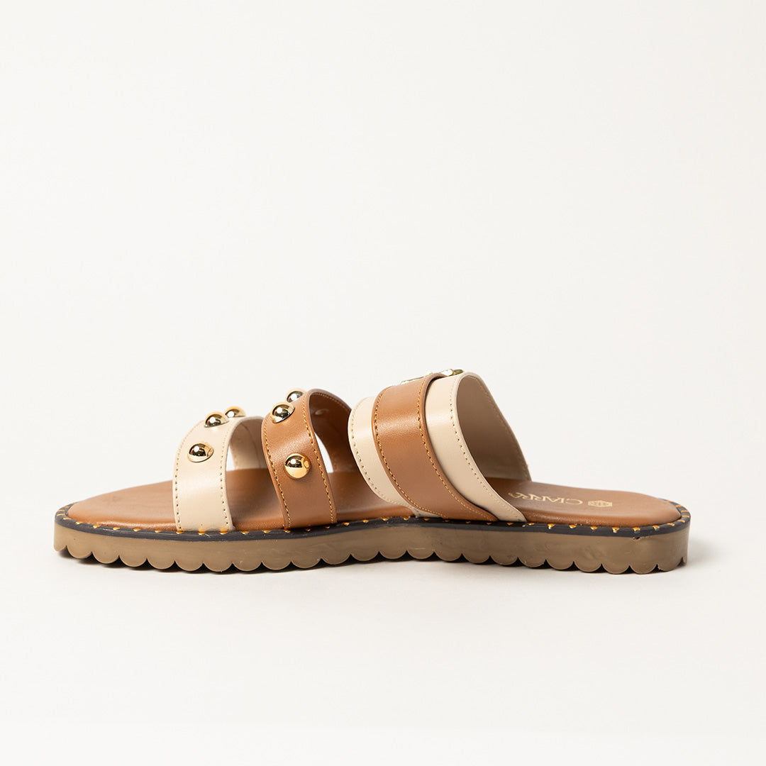 LADIES CIARRA TAN &amp; ECRU TRIPLE STRAP PUSH IN SANDAL