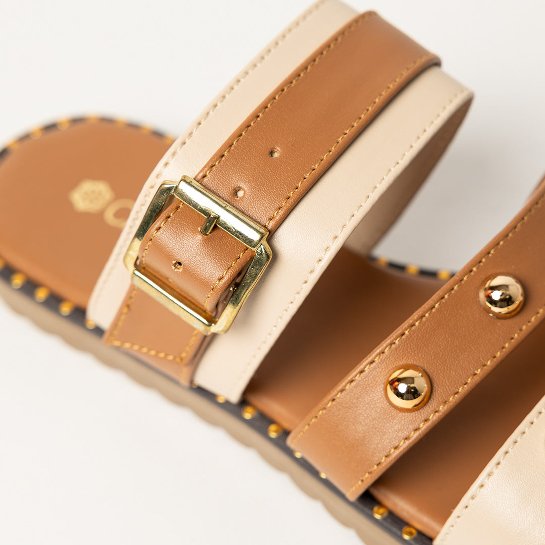LADIES CIARRA TAN &amp; ECRU TRIPLE STRAP PUSH IN SANDAL