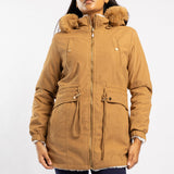 CAMEL LONG SLEEVE LINED HOODED JACKET WITH FUR DETAIL