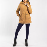 CAMEL LONG SLEEVE LINED HOODED JACKET WITH FUR DETAIL