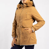 CAMEL LONG SLEEVE LINED HOODED JACKET WITH FUR DETAIL