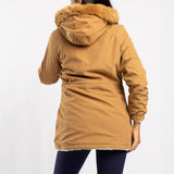 CAMEL LONG SLEEVE LINED HOODED JACKET WITH FUR DETAIL