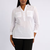 Ladies Ciarra White Curved Hem Shirt.