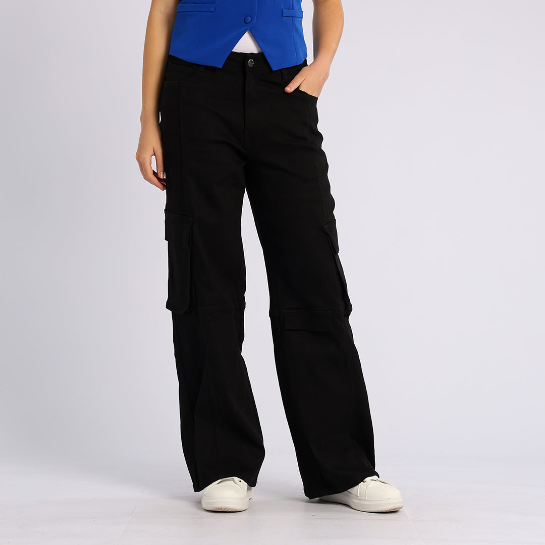 BLACK DENIM CARGO WIDE LEG JEAN