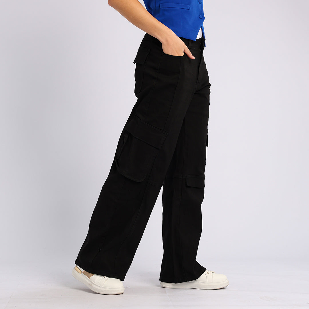 BLACK DENIM CARGO WIDE LEG JEAN