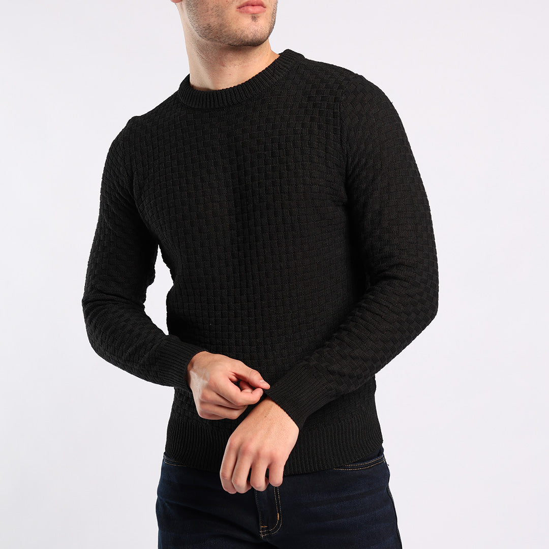 BLACK TEXTURED ROUND-NECK JERSEY