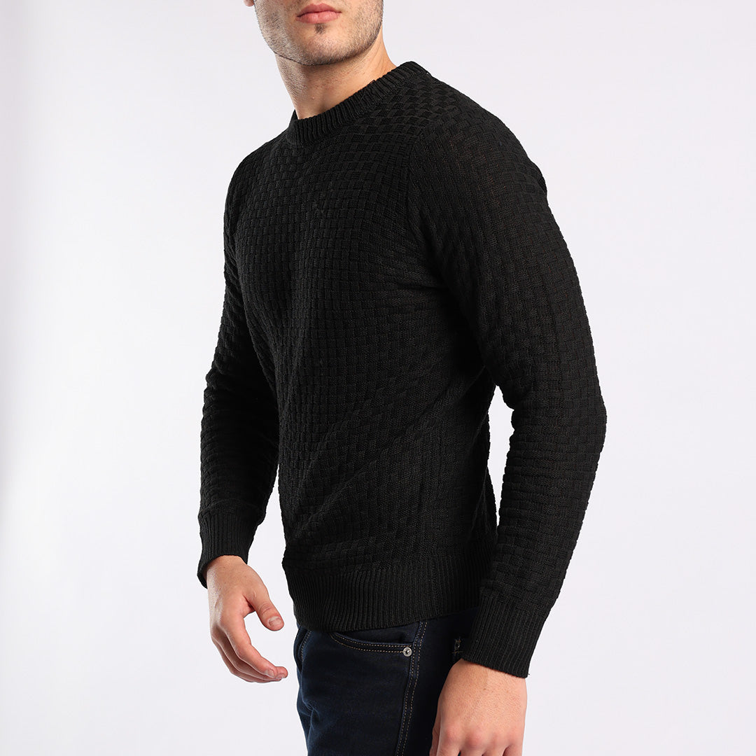 BLACK TEXTURED ROUND-NECK JERSEY