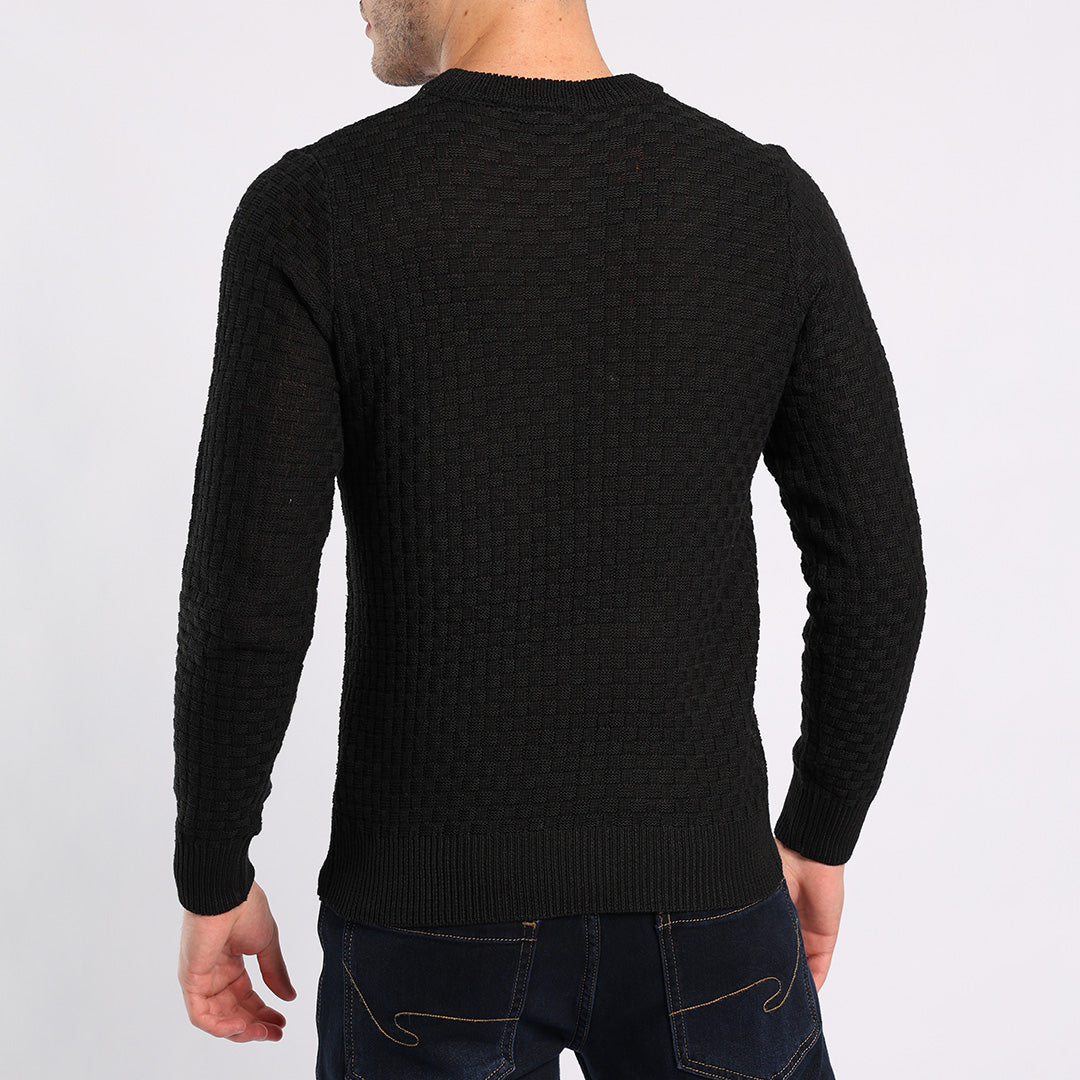 BLACK TEXTURED ROUND-NECK JERSEY