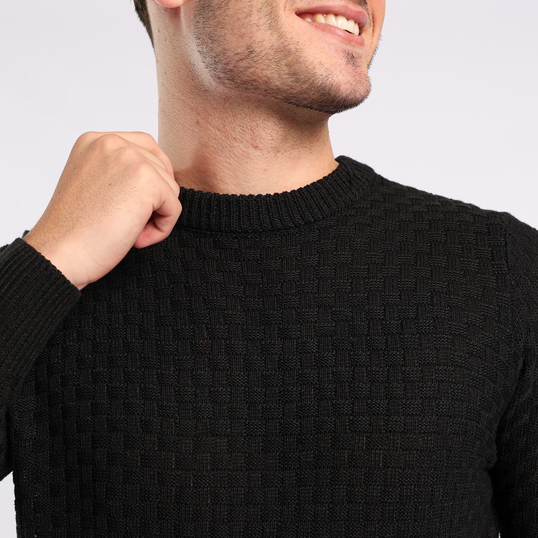 BLACK TEXTURED ROUND-NECK JERSEY