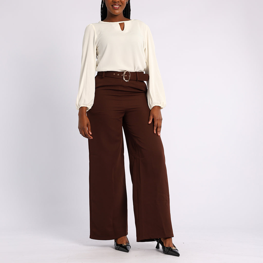 BROWN WIDE LEG PANT WITH BELT