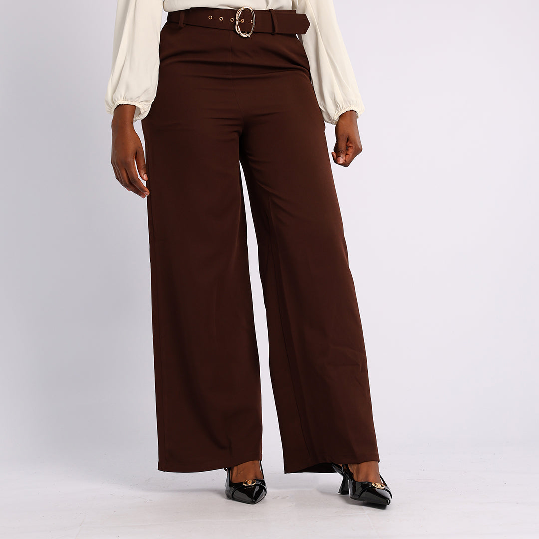 BROWN WIDE LEG PANT WITH BELT