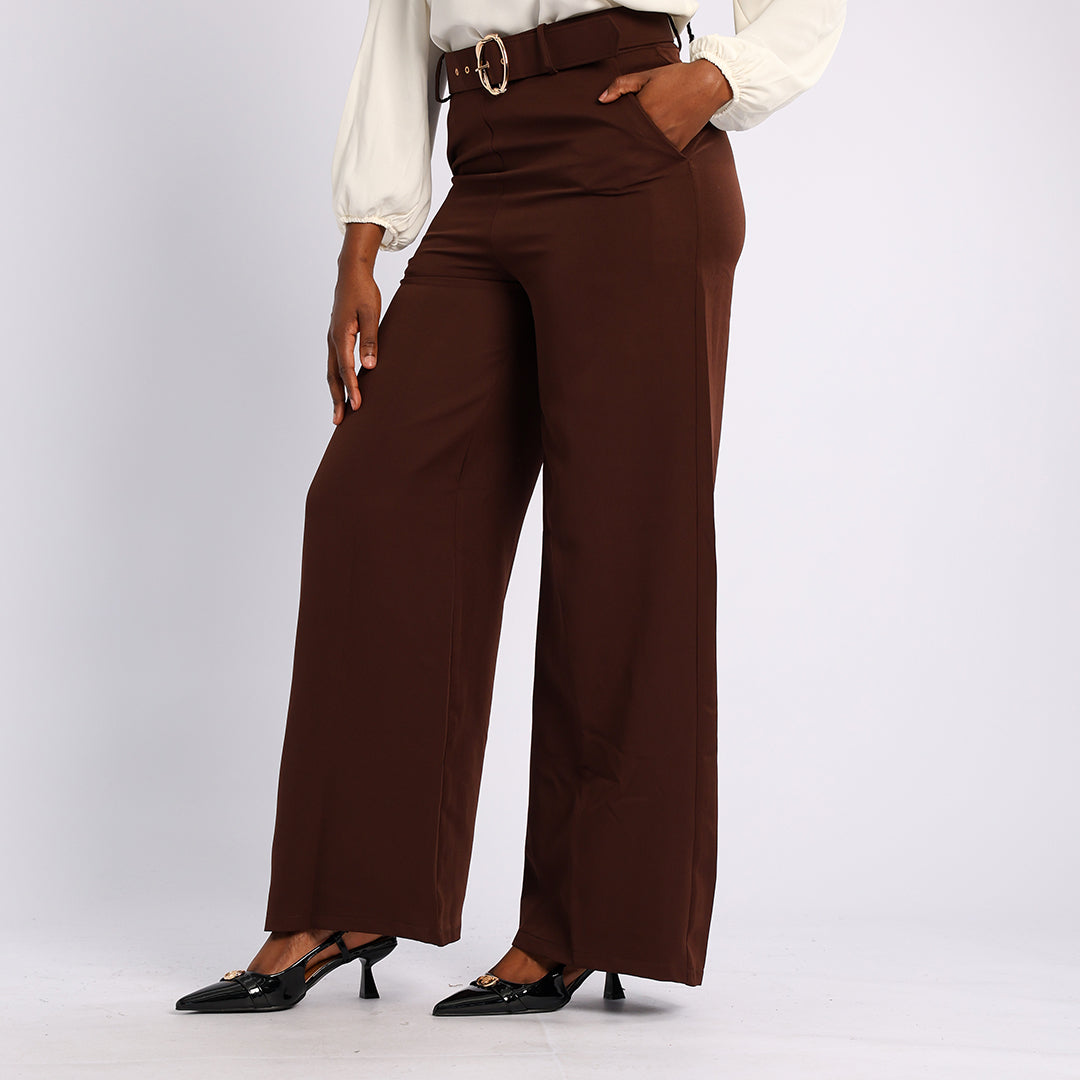 BROWN WIDE LEG PANT WITH BELT