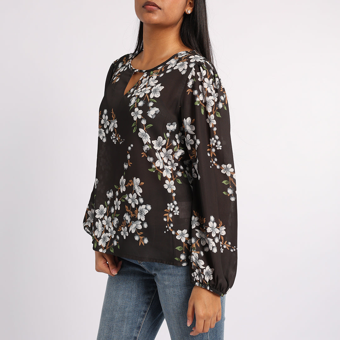 CHARCOAL FLORAL LONG SLEEVE BLOUSE