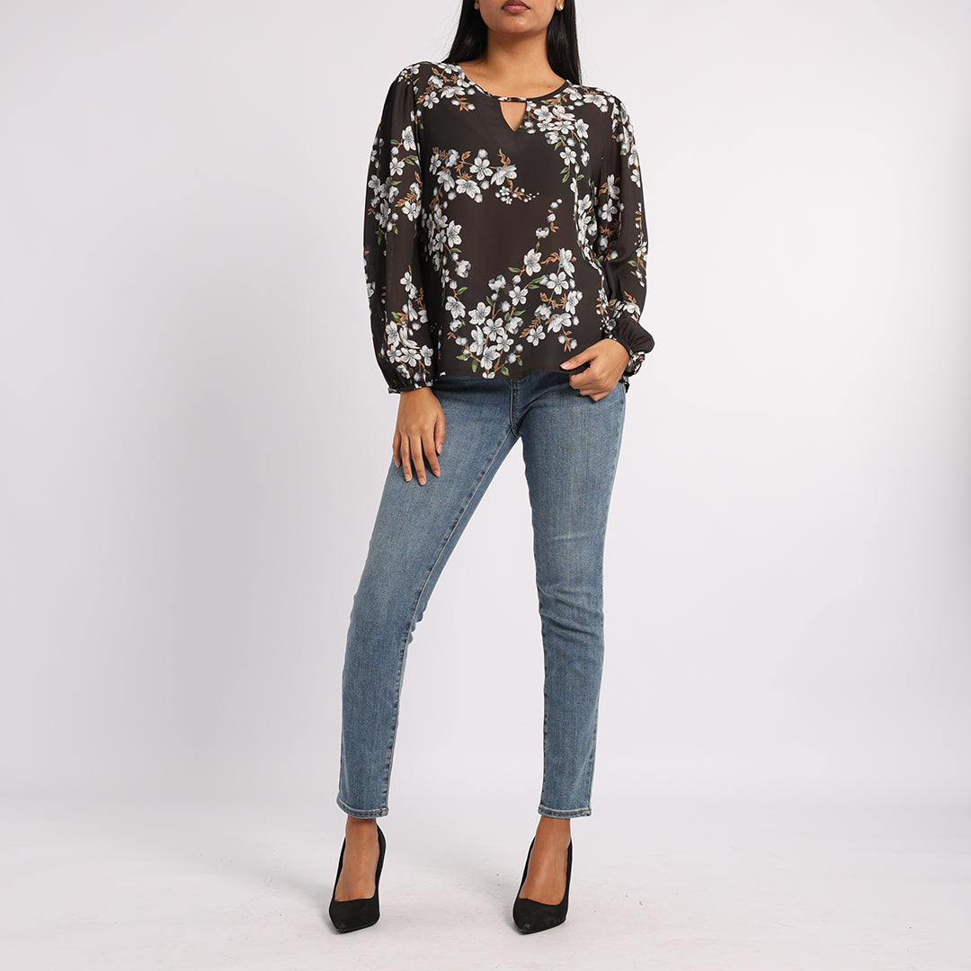 CHARCOAL FLORAL LONG SLEEVE BLOUSE