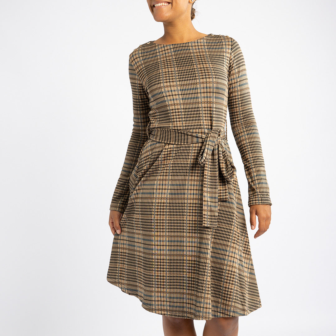 LADIES ALORA STONE TR CHECK DRES WITH FLARE