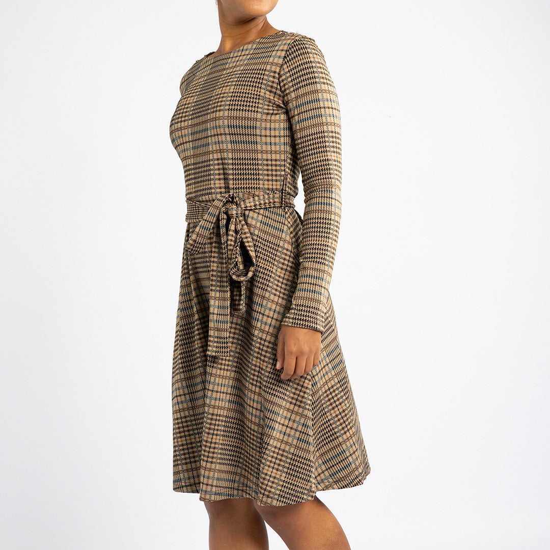 LADIES ALORA STONE TR CHECK DRES WITH FLARE