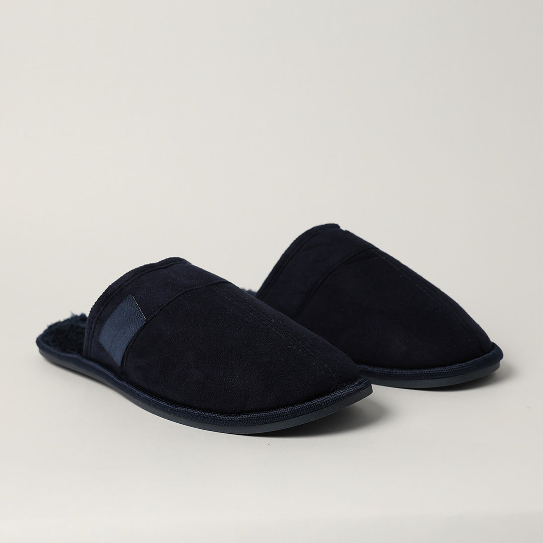 NAVY CLOSED TOE SLIPPER (FUR INNER, EMBROIDED LOGO)