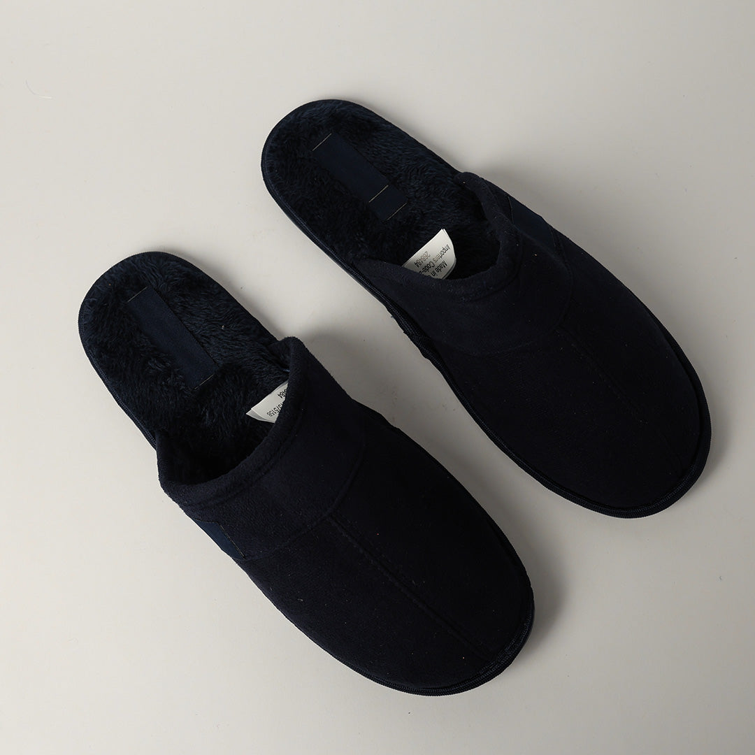NAVY CLOSED TOE SLIPPER (FUR INNER, EMBROIDED LOGO)