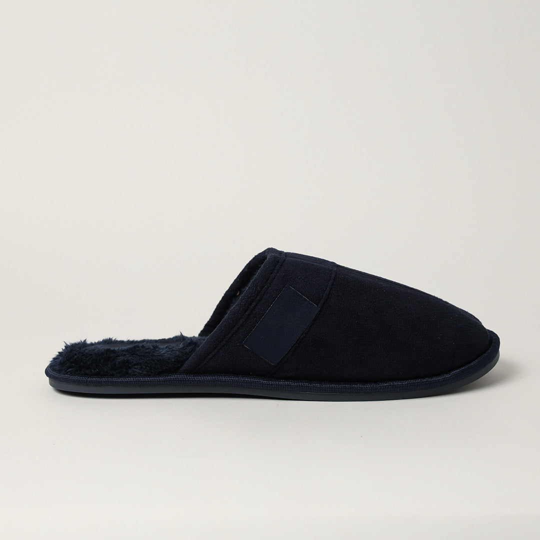 NAVY CLOSED TOE SLIPPER (FUR INNER, EMBROIDED LOGO)