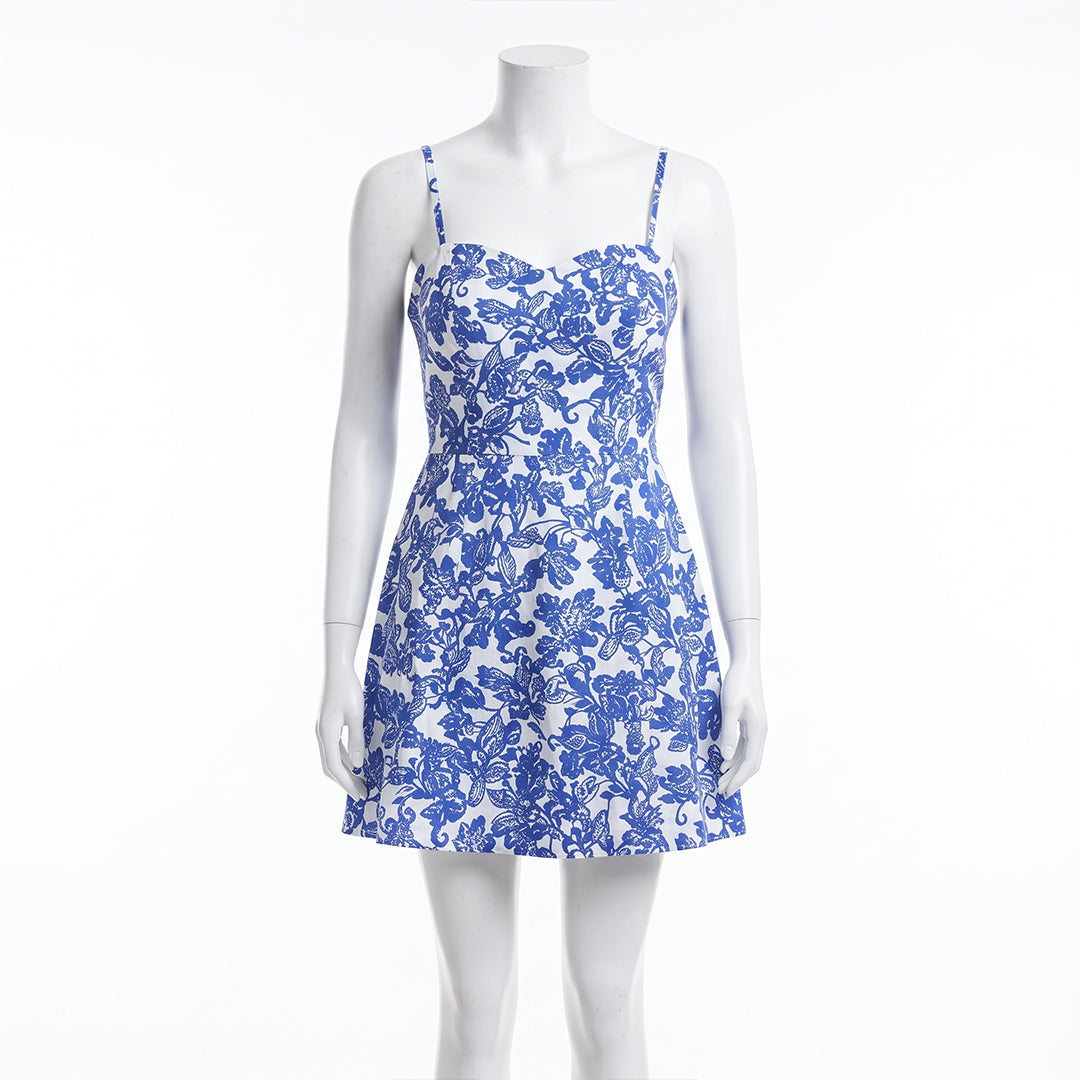 WHITE/BLUE FLORAL SLEEVELESS DRESS