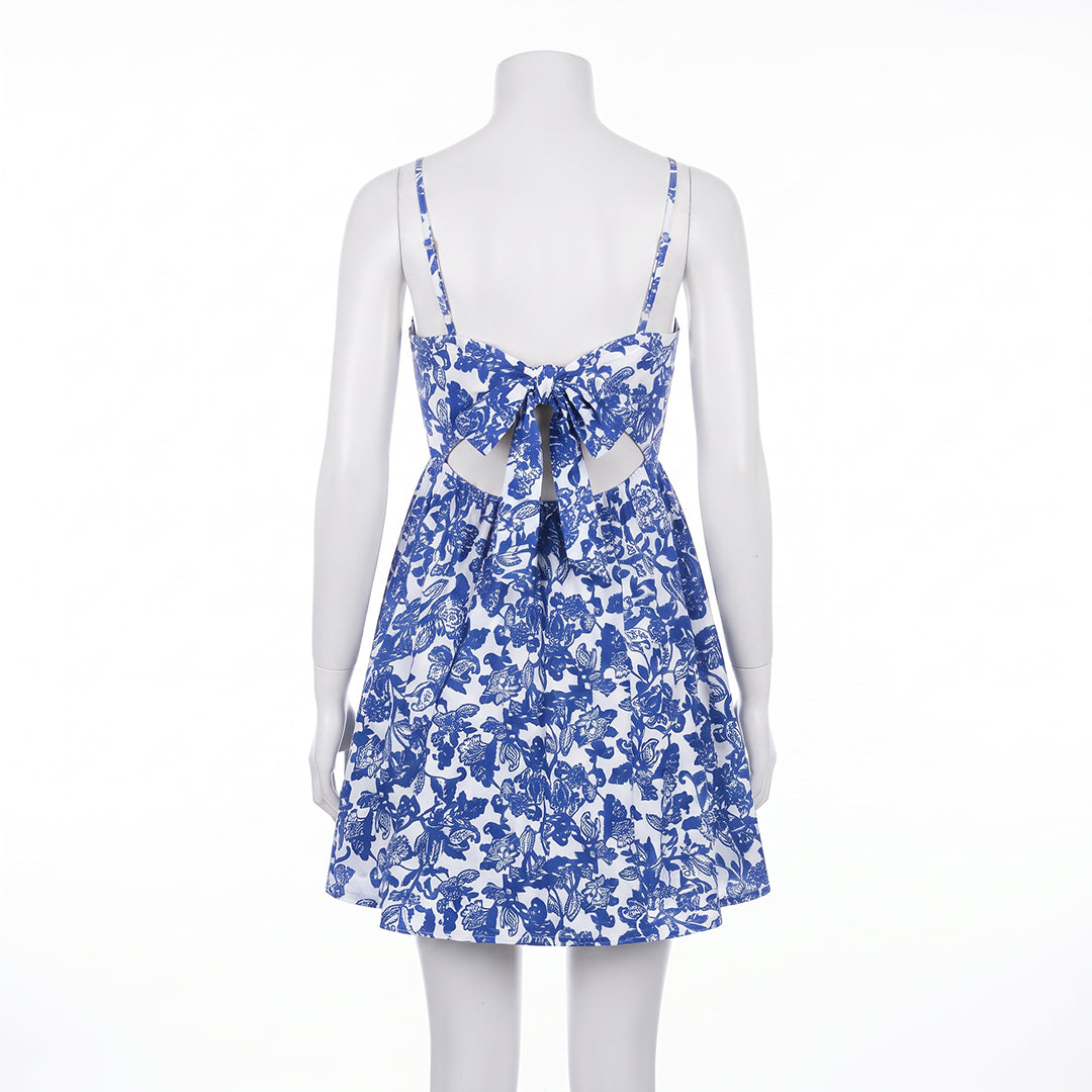 WHITE/BLUE FLORAL SLEEVELESS DRESS